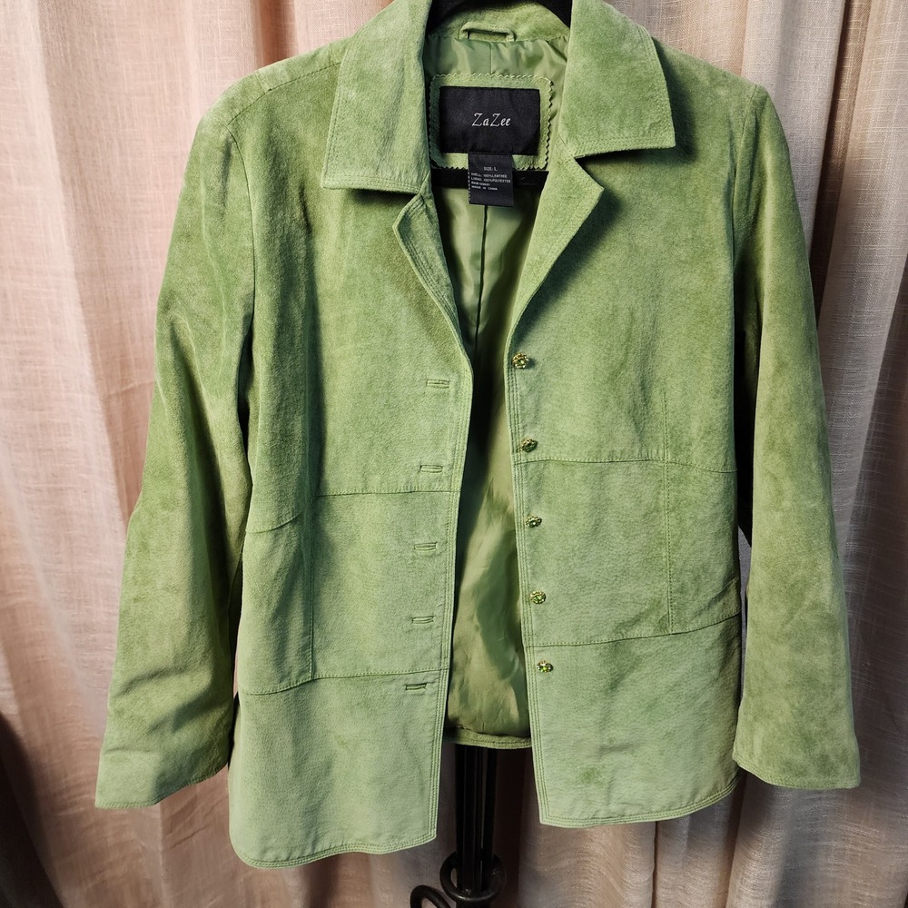ZaZee Green Washable Suede Leather Jacket L Jeweled Buttons Y2K
